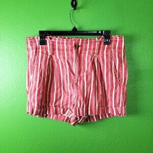 American Eagle Women's Linen Blend Red Candy Striped Cuffed Shorts Size 10